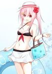  adapted_costume alternate_costume bad_id bad_pixiv_id bag bikini bikini_skirt flower hair_flower hair_ornament hairclip harusame_(kantai_collection) hat innertube kantai_collection nanahane_fl open_mouth pink_hair red_eyes side_ponytail solo swimsuit the_yuudachi-like_creature watch 