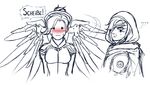  2girls ana_(overwatch) blush bodysuit breasts caught comic eyepatch facial_tattoo german high_ponytail hijab hood long_hair looking_at_another looking_at_viewer mechanical_halo mechanical_wings medium_breasts mercy_(overwatch) monochrome multiple_girls murasaki-yuri narrowed_eyes old_woman overwatch profanity simple_background sketch solid_circle_eyes speech_bubble spoken_ellipsis spot_color sweat tattoo thought_bubble translated upper_body white_background wings 