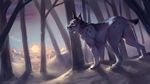  2016 detailed_background feline female feral forest fur green_eyes looking_at_viewer lynx mammal nude outside paws rhyu sky snow solo standing sun tree whiskers white_fur 