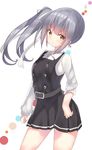  belt blouse buttons commentary_request dress grey_hair hair_ribbon kantai_collection kasumi_(kantai_collection) long_hair long_sleeves looking_at_viewer pinafore_dress pleated_dress remodel_(kantai_collection) ribbon school_uniform side_ponytail solo standing touko_(toukoneko) white_blouse yellow_eyes 