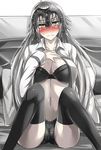  1girl alternate_costume blush breasts cleavage fate/grand_order fate_(series) headpiece jeanne_alter long_hair long_sleeves looking_at_viewer open_clothes pillow ruler_(fate/apocrypha) ruler_(fate/grand_order) sanmotogoroo shirt silver_hair solo thighhighs very_long_hair white_shirt yellow_eyes 