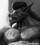  2016 abs anthro black_hair black_nose canine clothed clothing fangs hair male mammal monochrome muscular muscular_male nipples open_mouth signature topless were werethrope werewolf 