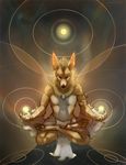  2015 5_fingers anthro auric_(canisaureus) canine clothed clothing crossed_legs eyes_closed hybrid jackal magic mammal meditation navel pawpads paws rhyu topless wolf 