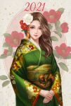  1girl 2021 absurdres brown_eyes brown_hair floral_print flower green_kimono hair_flower hair_ornament hands_together highres japanese_clothes kimono long_hair looking_at_viewer muxia_yue_nai obi original red_flower sash simple_background solo standing 