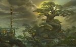  cloud full_moon giant_tree highres moon night no_humans original outdoors scenery tower tree uchio_kazumasa 