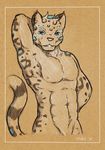  2016 anthro blue_eyes feline fur hair leopard looking_at_viewer male mammal nipples nude open_mouth pencil_(artwork) simple_background smile snow_leopard solo speech_bubble spots teeth tolbi traditional_media_(artwork) white_fur 