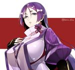 black_eyes breasts fate/grand_order fate_(series) fingerless_gloves gloves huge_breasts jpeg_artifacts kaikodou_kana long_hair looking_at_viewer looking_down minamoto_no_raikou_(fate/grand_order) parted_lips purple_hair solo twitter_username 
