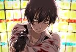  91_days aiming_at_viewer avilio_bruno black_hair blood blood_on_face bloody_clothes glint gun handgun holding holding_gun holding_weapon light_frown looking_at_viewer male_focus shelty solo stained_glass upper_body weapon yellow_eyes 