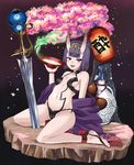  alcohol ali_(wwwwwwrt) ankle_ribbon barefoot barefoot_sandals breasts cherry_blossoms cup fate/grand_order fate_(series) hair_ornament highres horns japanese_clothes midriff navel oni oni_horns ribbon sakazuki sake shuten_douji_(fate/grand_order) sitting small_breasts solo sword weapon 