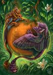  4_fingers ambiguous_gender blue_eyes day duo eye_contact feathered_wings feathers flashw flower food fruit fur green_eyes hair long_tail orange_(fruit) orange_fur outside plant purple_feathers purple_fur purple_hair wings 