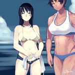  ;d adonis_belt black_hair blush breasts brown_eyes cleavage denim denim_shorts gbmah green_eyes grin groin highres large_breasts long_hair looking_at_viewer multiple_girls muscle muscular_female navel ocean one_eye_closed open_mouth original shorts smile tan wet 