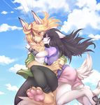  anthro canine clothed clothing cloud dk- duo female hug male mammal outside tongue tongue_out 