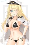  ;p alternate_costume anchor_symbol armpits atago_(kantai_collection) azuhira bangs black_bra black_panties black_ribbon blonde_hair blue_eyes blush bra breasts cleavage closed_mouth cowboy_shot eyebrows eyebrows_visible_through_hair gloves groin hand_on_hip hat highres kantai_collection large_breasts long_hair looking_at_viewer multicolored multicolored_background navel one_eye_closed open_clothes panties peaked_cap ribbon side-tie_panties smile solo star stomach tongue tongue_out twitter_username two-tone_background underwear v white_gloves 