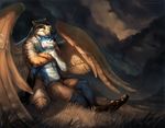  2015 anthro avian beak blue_eyes canine clothing detailed_background duo feathered_wings feathers fox fur gryphon male mammal midriff outside pawpads rhyu sky smile tan_feathers tan_fur wings yellow_eyes 