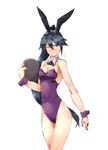  alternate_costume animal_ears bare_legs bare_shoulders blue_eyes blue_hair blush bow bowtie breasts bunny_ears bunny_girl bunny_tail bunnysuit covered_navel depo_(typebaby505) detached_collar fake_animal_ears flying_sweatdrops hair_between_eyes hair_ornament hair_ribbon highres holding holding_tray houshou_(kantai_collection) kantai_collection leotard one_eye_closed ponytail purple_leotard ribbon simple_background small_breasts solo sweatdrop tail tray white_background wrist_cuffs 