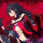  black_hair braid breasts claws cleavage closed_mouth cowboy_shot expressionless long_hair looking_at_viewer low-tied_long_hair medium_breasts mzroas navel red_background side_braid solo tales_of_(series) tales_of_berseria velvet_crowe yellow_eyes 