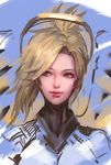  blonde_hair blue_background bodysuit grey_eyes high_ponytail highres jang_ju_hyeon light_smile lips looking_at_viewer looking_to_the_side mechanical_halo mechanical_wings mercy_(overwatch) nose overwatch portrait sketch solo wings 