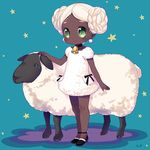  animal artist_name bell bell_collar blush chinese_zodiac collar dark_skin double_bun dress earrings eco_(petticoat) full_body green_eyes jewelry new_year original protected_link sheep shoes sky smile star_(sky) starry_sky white_hair year_of_the_goat 