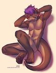  anthro hands_behind_head looking_at_viewer lukiri male mammal mustelid navel nude otter simple_background smile solo white_background 