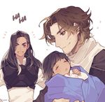  2girls ana_(overwatch) baby bangs black_hair blush brown_eyes brown_hair bulletproof_vest captain_amari carrying child cloak closed_eyes dark_skin drooling facial_mark facial_tattoo flying_sweatdrops hood hooded_cloak laughing long_hair mccree_(overwatch) mother_and_daughter multiple_girls open_mouth overwatch pharah_(overwatch) sadal scarf shirt short_hair simple_background sleeping smile tattoo twitter_username white_background white_scarf younger 
