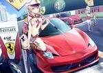  ad adapted_costume alfa_romeo alfa_romeo_8c_competizione alternate_costume animal_print armband bandeau bangs banner between_breasts blush body_writing breasts capelet car carrying_over_shoulder chain-link_fence clothes_writing crop_top day fence ferrari ferrari_458_italia gedou_(shigure_seishin) graf_zeppelin_(kantai_collection) ground_vehicle hair_between_eyes hand_on_own_thigh hat holding horse italian italian_flag kantai_collection kneehighs leg_up long_hair looking_at_viewer marlboro medium_breasts mini_hat mini_top_hat miniskirt motor_vehicle multiple_girls navel necktie necktie_between_breasts number outdoors peaked_cap placard pleated_skirt pola_(kantai_collection) pole print_legwear product_placement race_queen racecar racetrack red_neckwear red_skirt road shade sign silver_eyes silver_hair single_kneehigh single_thighhigh skirt smile standing standing_on_one_leg stomach street thighhighs top_hat twintails umbrella underboob white_hat white_skirt 