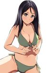  1girl bare_arms bare_shoulders bikini bikini_pull black_hair blue_eyes breasts cleavage closed_mouth clothes_pull collarbone commentary_request contrapposto cowboy_shot front-tie_bikini_top front-tie_top green_bikini green_ribbon highres large_breasts looking_at_viewer matsunaga_kouyou multicolored_hair navel original pulling_own_clothes ribbon side-tie_bikini_bottom smile solo spread_legs standing stomach swimsuit white_hair 