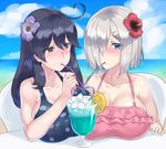  ahoge bikini black_hair blue_eyes blush breasts brown_eyes cleavage cocktail commentary_request drink drinking_straw eyes_visible_through_hair flower food frilled_swimsuit frills fruit hair_flower hair_ornament hair_over_one_eye hairclip hamakaze_(kantai_collection) hibiscus highres huge_breasts kantai_collection long_hair looking_at_viewer md5_mismatch mizuumi_(bb) multiple_girls one-piece_swimsuit orange orange_slice polka_dot polka_dot_swimsuit short_hair silver_hair swimsuit ushio_(kantai_collection) yuri 