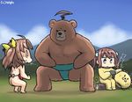  ahoge animal_costume animalization apron asagumo_(kantai_collection) ass bear blue_sky brown_hair cellphone cloud commentary cosplay costume dated day dudou fundoshi hair_ribbon hamu_koutarou japanese_clothes kagerou_(kantai_collection) kantai_collection kintarou kintarou_(cosplay) kuma_(kantai_collection) lion_costume mountain multiple_girls naked_apron phone ribbon silver_eyes sky smartphone solid_oval_eyes sweat translated turn_pale twintails 