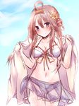  ahoge bare_shoulders bikini blush breasts brown_hair cleavage double_bun kantai_collection kongou_(kantai_collection) long_hair looking_at_viewer medium_breasts nanoha-h navel purple_eyes sarong smile solo swimsuit towel 