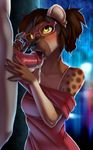  2016 alley anthro blush celeste_(artist) clothing cum duo ear_piercing eyewear fellatio female glasses hazel_(celeste) hyena male male/female mammal oral penis piercing sex shirt spots street 