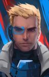  alternate_costume blonde_hair blue_background brown_eyes headset highres jacket jang_ju_hyeon looking_at_viewer male_focus overwatch portrait realistic red_background serious soldier:_76_(overwatch) solo strike-commander_morrison visor younger 