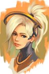  blonde_hair blue_eyes bodysuit brown_background ears eyebrows eyelashes high_ponytail highres jang_ju_hyeon light_smile lips lipstick long_hair looking_at_viewer makeup mechanical_halo mercy_(overwatch) nose overwatch pink_lipstick portrait solo 