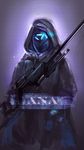  alternate_costume ana_(overwatch) dark_background glowing gun highres hood mask overwatch pt. rifle sniper_rifle solo weapon 