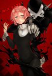  :o androgynous bangs black_dress blood blush copyright_name crona_(soul_eater) dress green_eyes hair_between_eyes highres injury long_sleeves miko_(0721miko) pink_hair ragnarok_(demon_sword) red_background short_hair soul_eater sweatdrop wrist_cuffs 