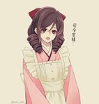  apron bow brown_hair buttons drill_hair frilled_apron frills hair_between_eyes hair_bow harukaze_(kantai_collection) japanese_clothes kake_(kuromitsu) kantai_collection kimono long_hair long_sleeves looking_at_viewer open_mouth pink_kimono red_bow red_eyes simple_background solo standing translated twin_drills twitter_username wa_maid 