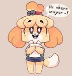  animal_crossing blonde_hair blush canine clothed clothing dog english_text female grey_eyes hair happy isabelle_(animal_crossing) lbpheromonster5 mammal nintendo open_mouth simple_background smile solo speech_bubble teeth text tongue video_games 