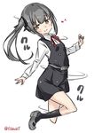  bangs belt black_legwear black_ribbon brown_eyes closed_mouth collared_shirt cropped_legs dress ebifurya eighth_note eyebrows eyebrows_visible_through_hair grey_footwear hair_ribbon highres kantai_collection kasumi_(kantai_collection) kneehighs long_hair long_sleeves looking_down mary_janes motion_lines musical_note neck_ribbon pinafore_dress red_ribbon remodel_(kantai_collection) ribbon shirt shoes side_ponytail sidelocks simple_background smile solo twitter_username white_background white_shirt 