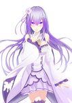  :d bow cosmicsnic detached_sleeves emilia_(re:zero) hair_bow hair_ornament hair_ribbon hairclip highres long_hair looking_at_viewer open_mouth pleated_skirt purple_eyes purple_hair re:zero_kara_hajimeru_isekai_seikatsu ribbon simple_background skirt smile solo thighhighs white_background wide_sleeves zettai_ryouiki 