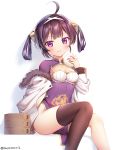  1girl ahoge asymmetrical_legwear azur_lane bamboo_steamer baozi blush breasts brown_hair brown_legwear china_dress chinese_clothes cleavage cleavage_cutout closed_mouth commentary_request dress feet_out_of_frame food fur-trimmed_hood hair_rings hairpods hand_up highres holding holding_food hood hood_down hooded_jacket jacket licking_lips long_sleeves looking_at_viewer medium_breasts ning_hai_(azur_lane) off_shoulder pelvic_curtain purple_dress purple_eyes shadow single_thighhigh sitting smile solo suya2mori2 thighhighs tongue tongue_out twitter_username v-shaped_eyebrows white_background white_jacket 