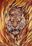  fangs feline feral fire looking_at_viewer lukiri male mammal open_mouth solo teeth tiger tongue traditional_media_(artwork) 