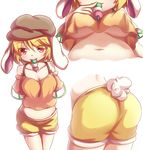  :3 absurdres animal_ears arms_behind_back ass bangs belly blonde_hair breasts brown_hat bunny_ears bunny_tail cleavage closed_mouth collarbone crop_top crop_top_overhang cropped_torso dango dior-zi eyebrows eyebrows_visible_through_hair flat_cap floppy_ears food food_in_mouth hair_between_eyes hat highres looking_at_viewer medium_breasts midriff mouth_hold multiple_views navel no_bra off-shoulder_shirt orange_shirt plump red_eyes ringo_(touhou) sanshoku_dango shirt short_hair short_shorts short_sleeves shorts simple_background smile stomach tail touhou underboob upshirt wagashi white_background yellow_shorts 