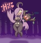  anthro bit-small breasts cleavage clothed clothing cute duo english_text female flirting forest freckles ghost glowing glowing_eyes gourgeist hair hiding looking_at_viewer night nintendo phantump pink_hair plant_girl pok&eacute;mon shy spirit text tree video_games waving wide_hips 