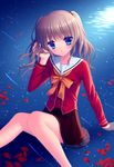  blue_eyes charlotte_(anime) hand_in_hair kuro_futoshi legs open_mouth petals school_uniform silver_hair tomori_nao water 