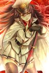  :d alternate_costume belt black_gloves black_hair black_legwear blush breasts cape family_crest fate_(series) gloves hat highres holding holding_sword holding_weapon koha-ace large_breasts long_hair looking_at_viewer mia_(gute-nacht-07) oda_nobunaga_(fate) oda_uri open_mouth pleated_skirt red_eyes sheath sheathed skirt smile solo sword thighhighs weapon 