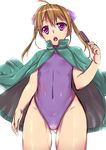  ahoge ass_visible_through_thighs bad_id bad_pixiv_id blonde_hair chiha_(abo_ecm_mk25) covered_navel food hair_ribbon highres jacket long_hair one-piece_swimsuit original popsicle purple_eyes purple_swimsuit ribbon solo standing swimsuit track_jacket twintails 