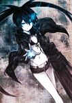  arm_cannon belt bikini_top black_hair black_rock_shooter black_rock_shooter_(character) blue_eyes burning_eye coat hair_between_eyes highres long_hair long_sleeves looking_at_viewer midriff navel open_hand pale_skin puma_(hyuma1219) scar short_shorts shorts solo star twintails uneven_twintails weapon zipper 