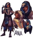  ana_(overwatch) braid cup dark_skin eyepatch facial_tattoo finger_to_mouth grey_hair hair_flip headband highres hijab hood multiple_views old_woman overwatch pirate_cashoo smile steam tattoo tea teacup 