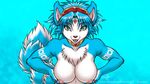  anthro armor blue_fur blue_hair bracers breasts canine dr_comet dutch_angle edit fangs female first_person_view fox fur green_eyes hair hanging_breasts hi_res krystal looking_at_viewer mammal nintendo nipples nude open_mouth presenting puffy_nipples solo star_fox teeth tongue video_games white_fur wide_hips 
