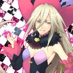  armpits black_sleeves blonde_hair blue_eyes checkered checkered_background detached_sleeves green_eyes hat long_hair looking_at_viewer magilou_(tales) mismatched_sleeves multicolored multicolored_eyes mzroas pink_sleeves pointy_ears signature smile solo tales_of_(series) tales_of_berseria upper_body 