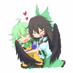  black_hair blush bow green_hair hair_bow happy heart hug komeiji_koishi multiple_girls rakucat reiuji_utsuho smile third_eye touhou wing_hug wings 